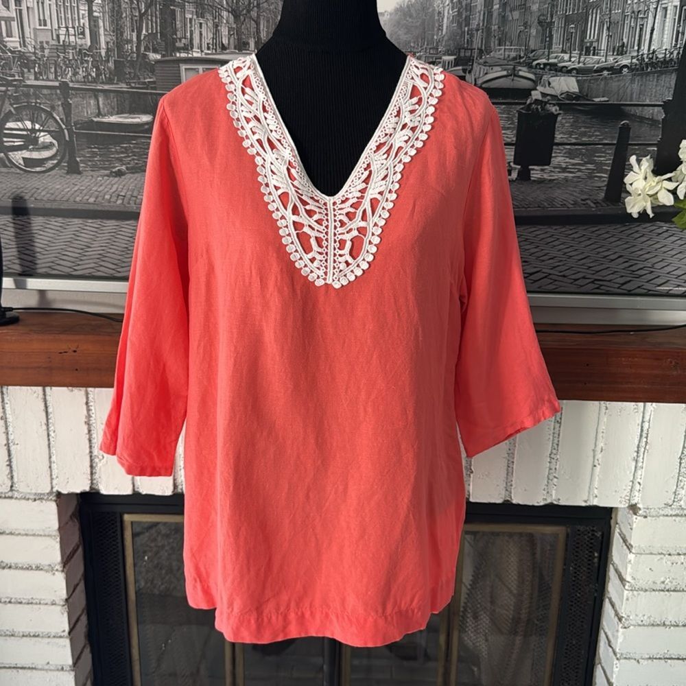 Premise Women Tunic Blouse Long White Coral Peach Pink Lace Linen blend Large